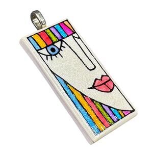 Vintage Hand Painted Rainbow Lady Face Pendant and Brooch Signed Anne W.